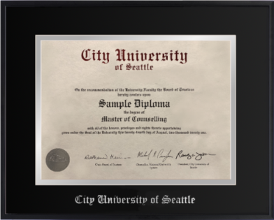 TIMELESS 1 - Black anodized aluminium frame with double mat board and "City University of Seattle" silver embossing
